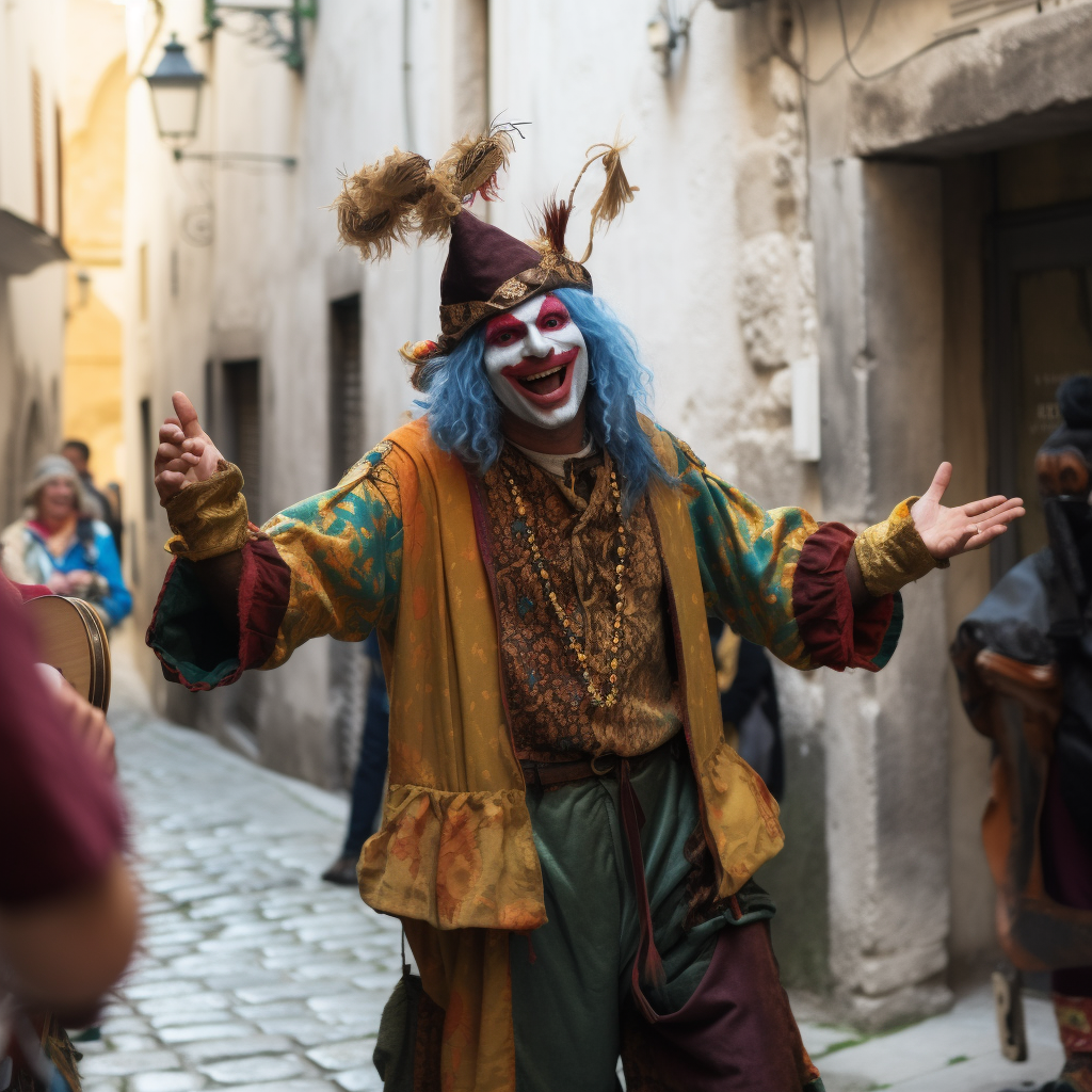 Medieval jester dancing and singing in the streets