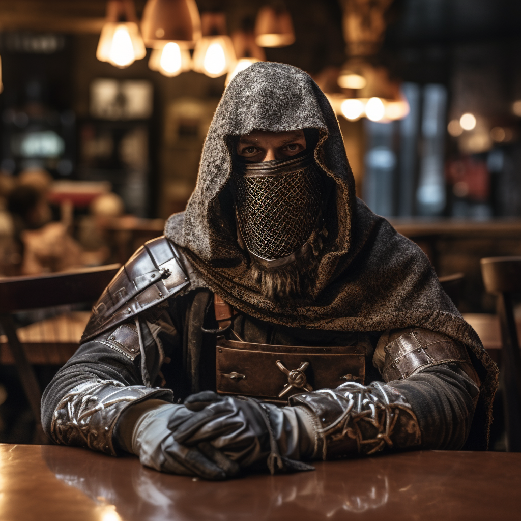 Medieval knight sitting at tavern table with hood and bandana