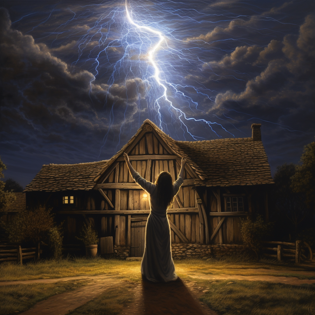 Woman conjuring lightning in medieval setting