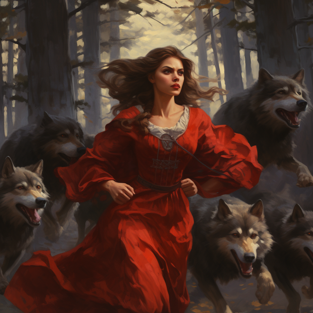 Medieval maiden leading pack of wolves in red dress