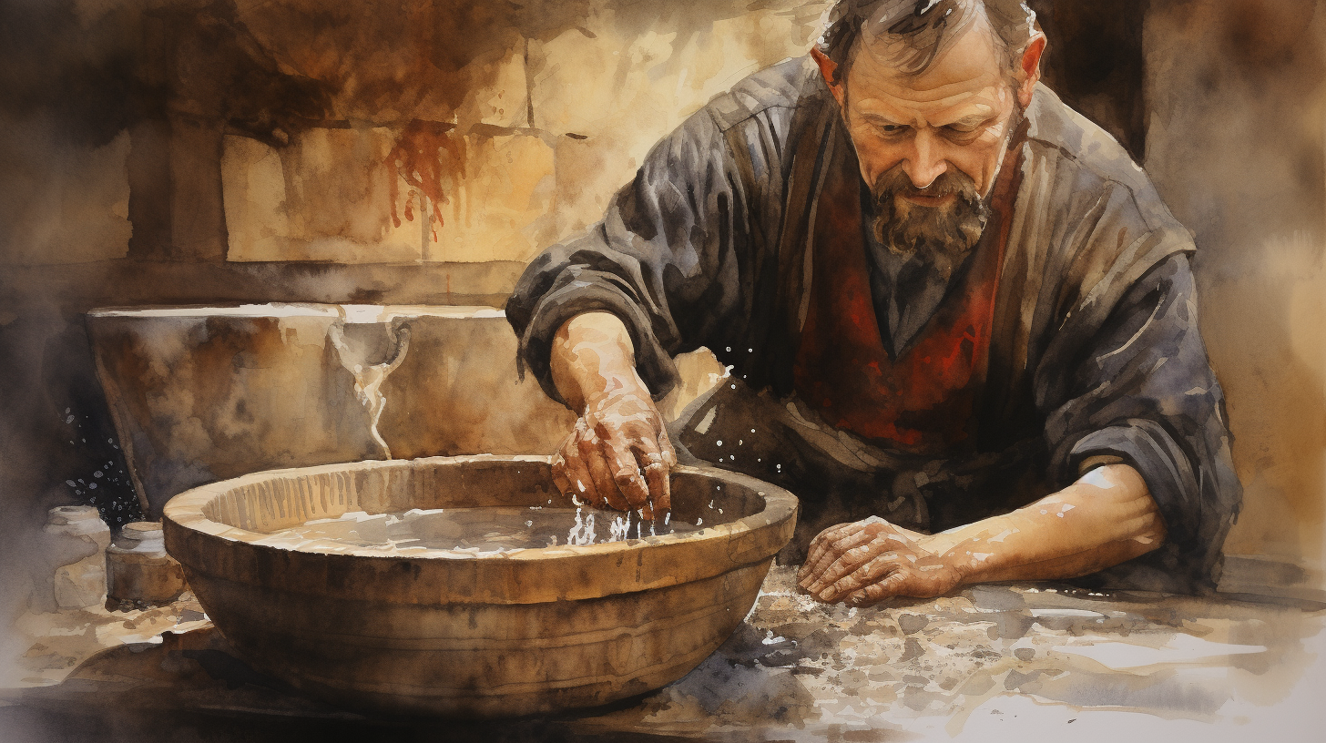 Medieval miller sifting flour quality test