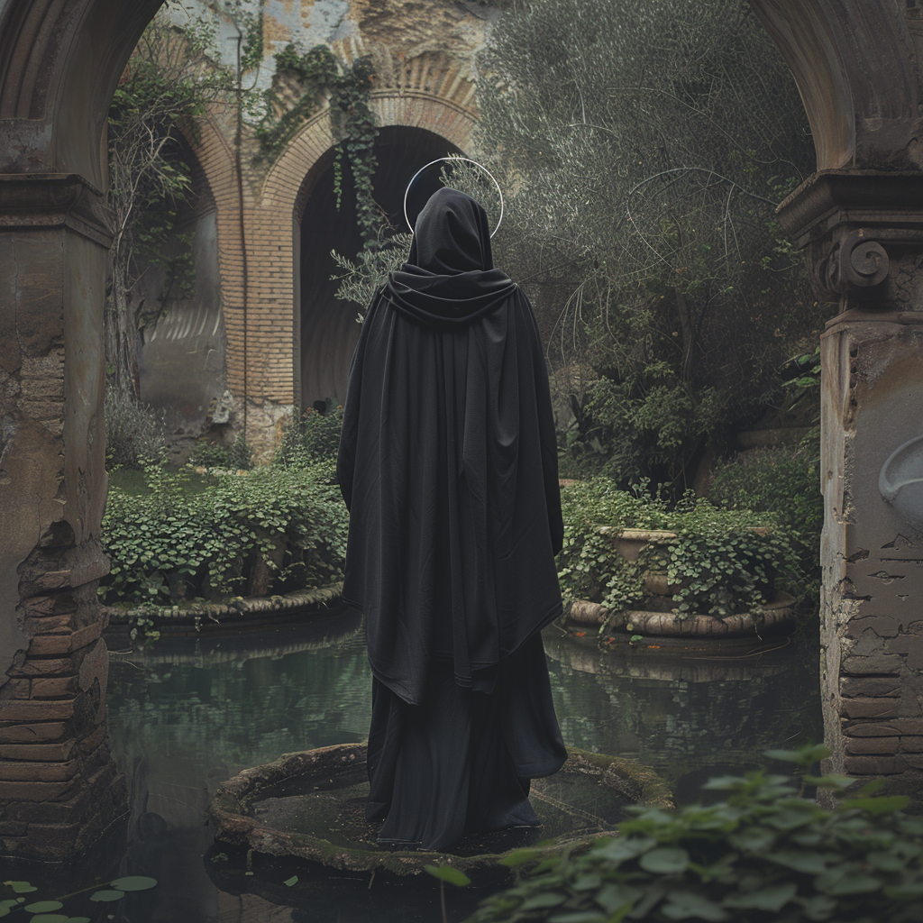 Medieval monk in serene garden