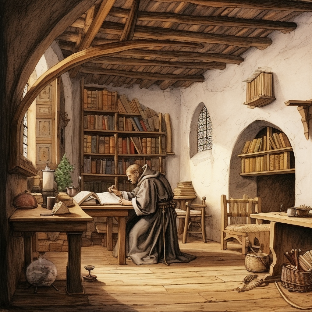 Medieval monk writing at wooden desk