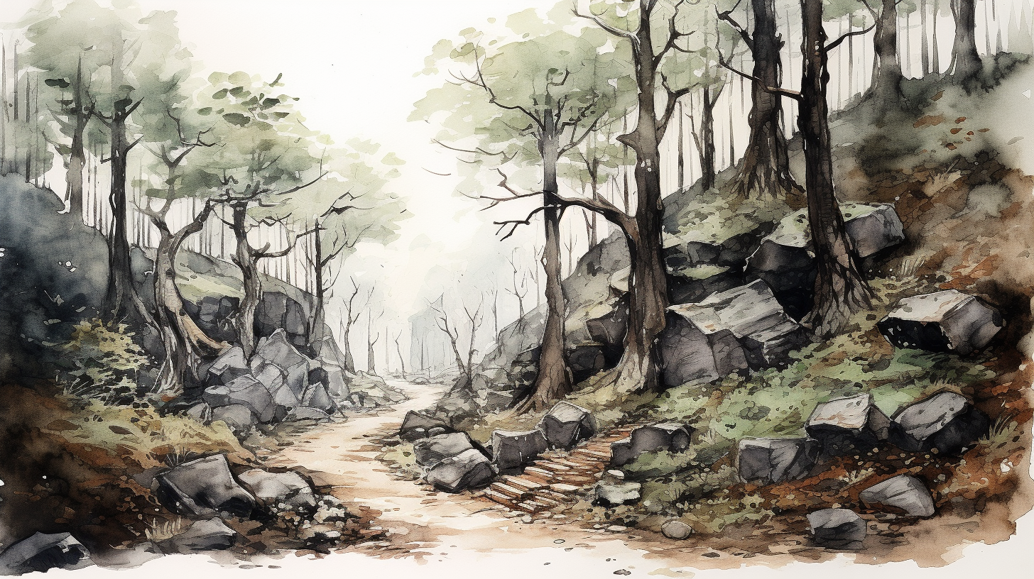 Stylized medieval path with rocky trail in the woods