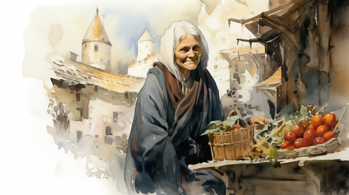 Smiling medieval old woman selling fruit at market