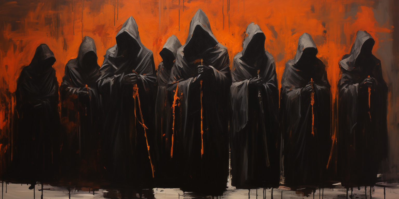 Medieval party cultists in bold brush stroke style