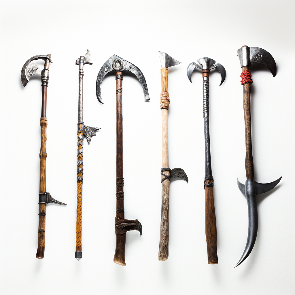 A series of medieval pickaxes on a white background