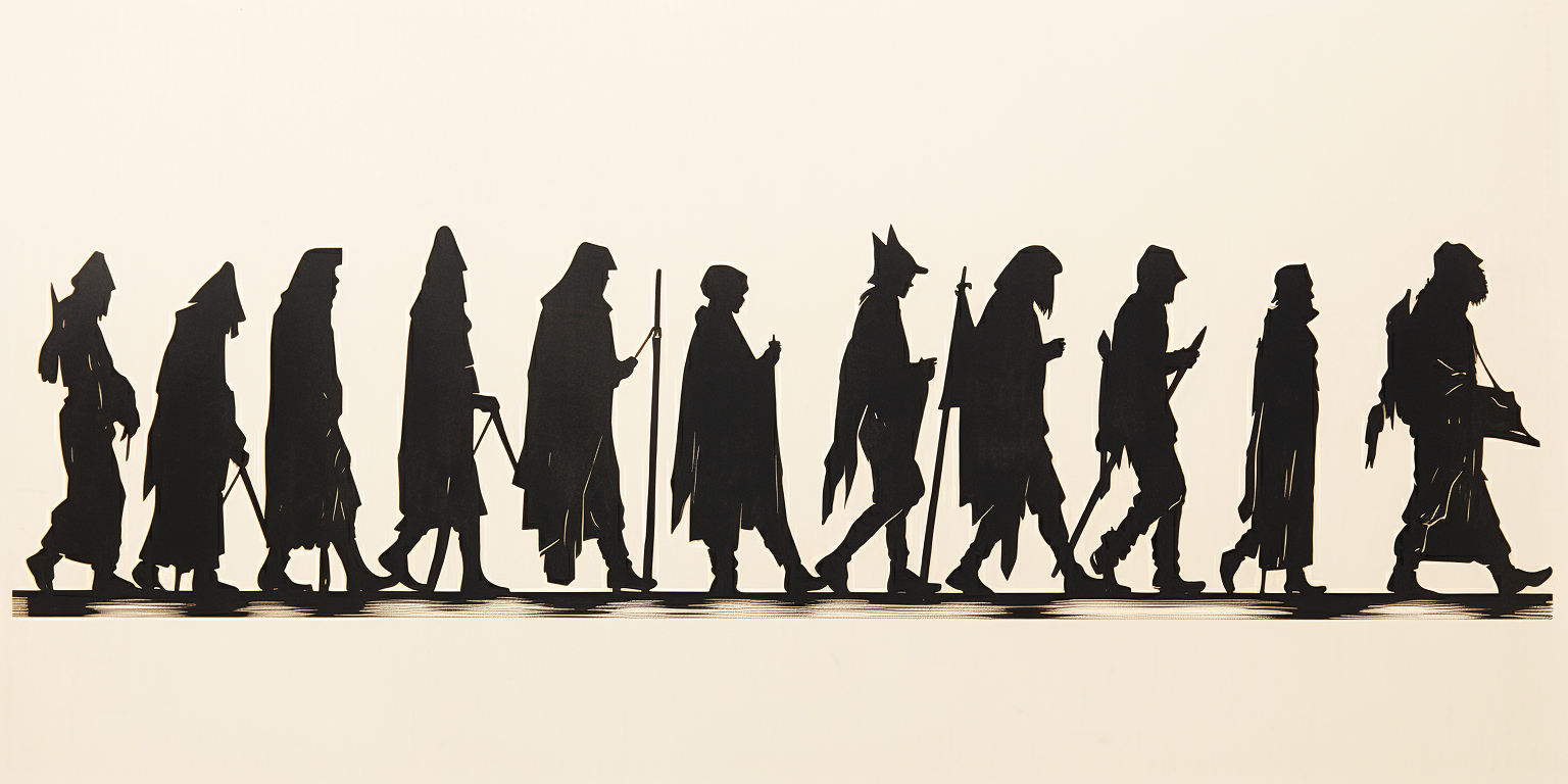 Silhouette of medieval pilgrim procession