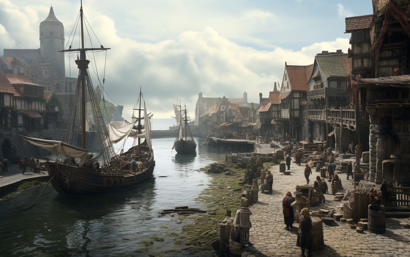 A vibrant medieval port city by the sea