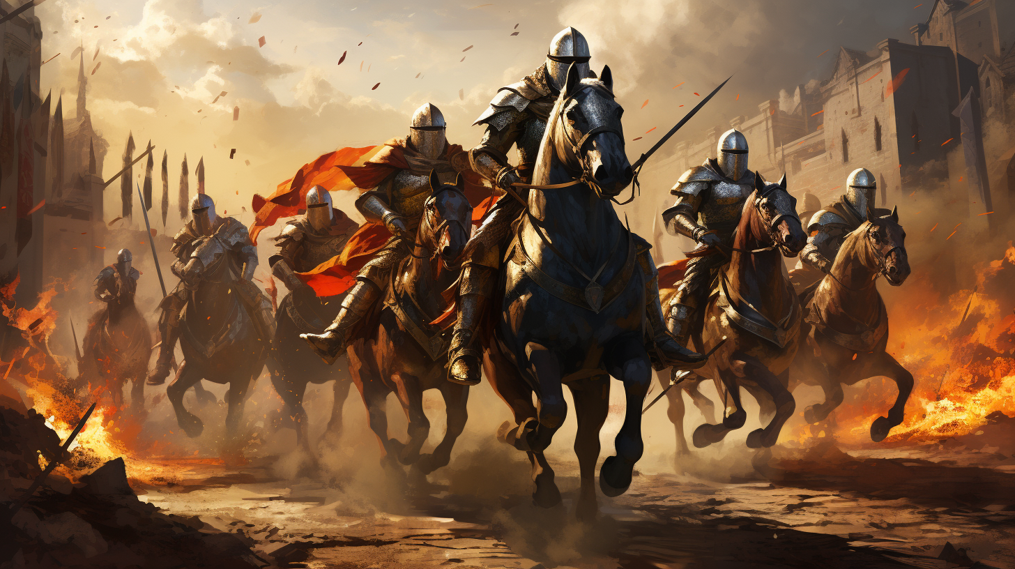 Medieval power rangers team on horses in battlefield