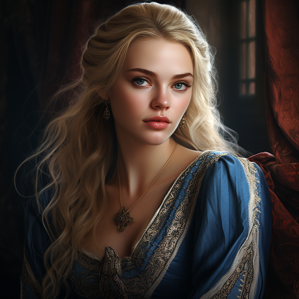 Blonde woman in her 40s with regal medieval portrait