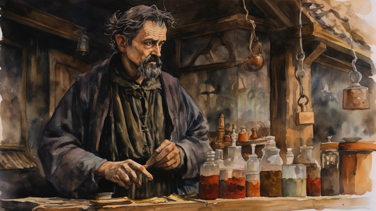 Medieval shopkeeper selling general supplies