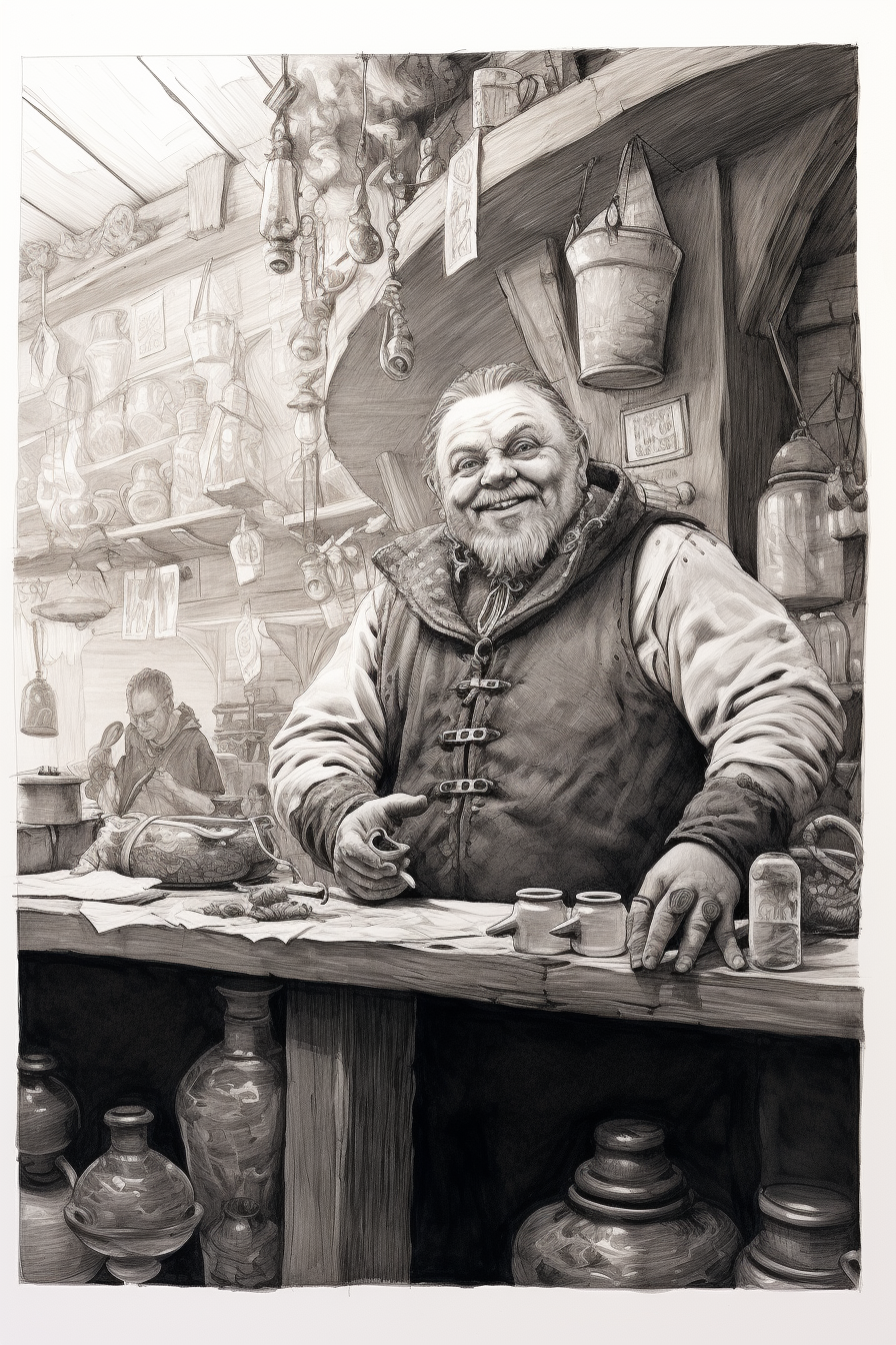 Medieval salesman's smiling face on parchment sketch