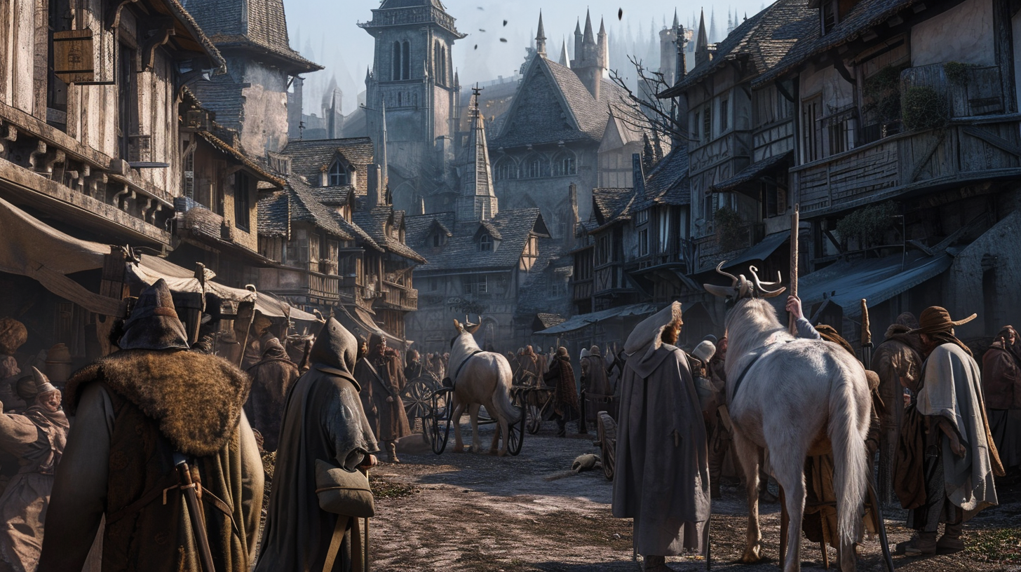 Medieval town square with people in stocks and donkey heads