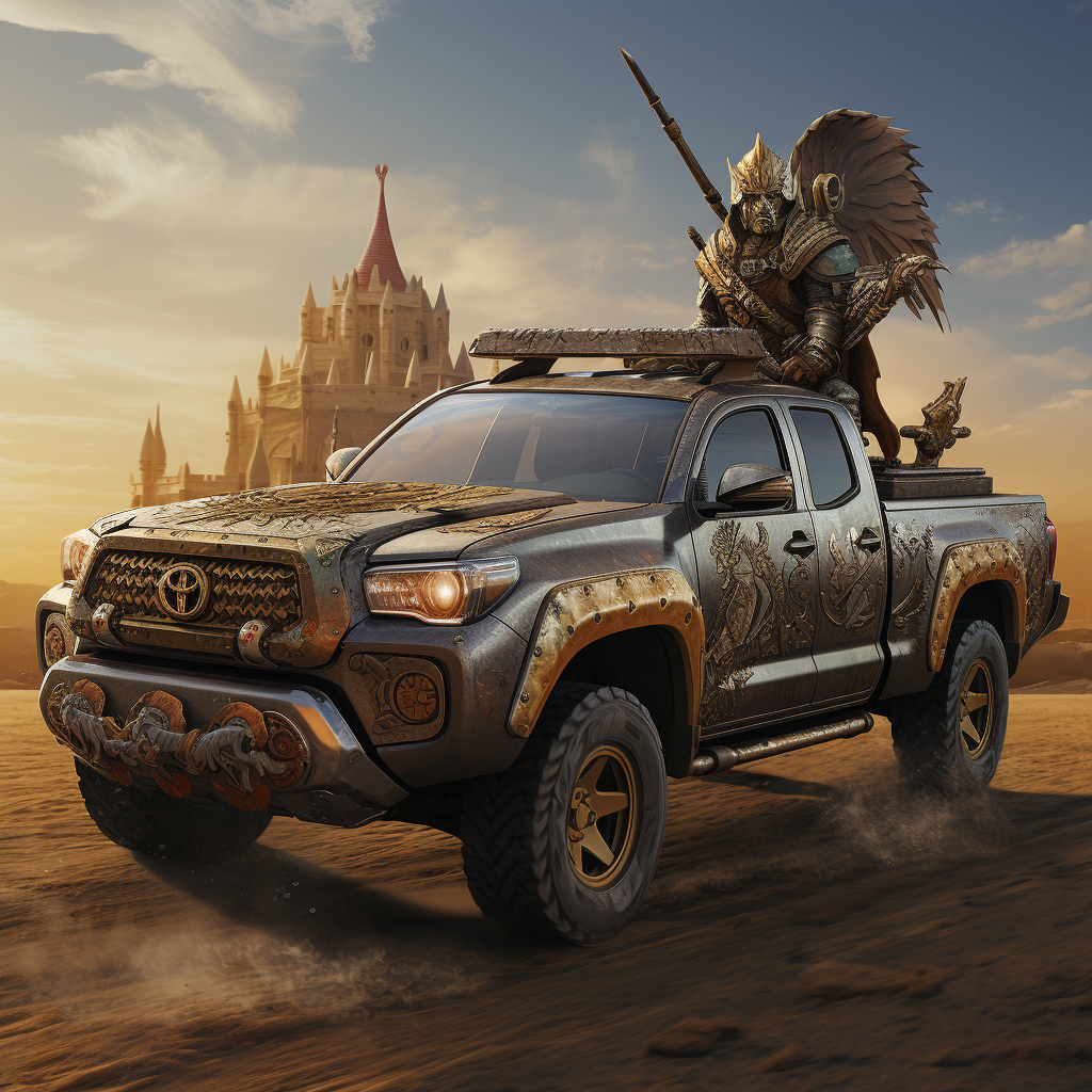 Knight riding a Toyota Tacoma in battle