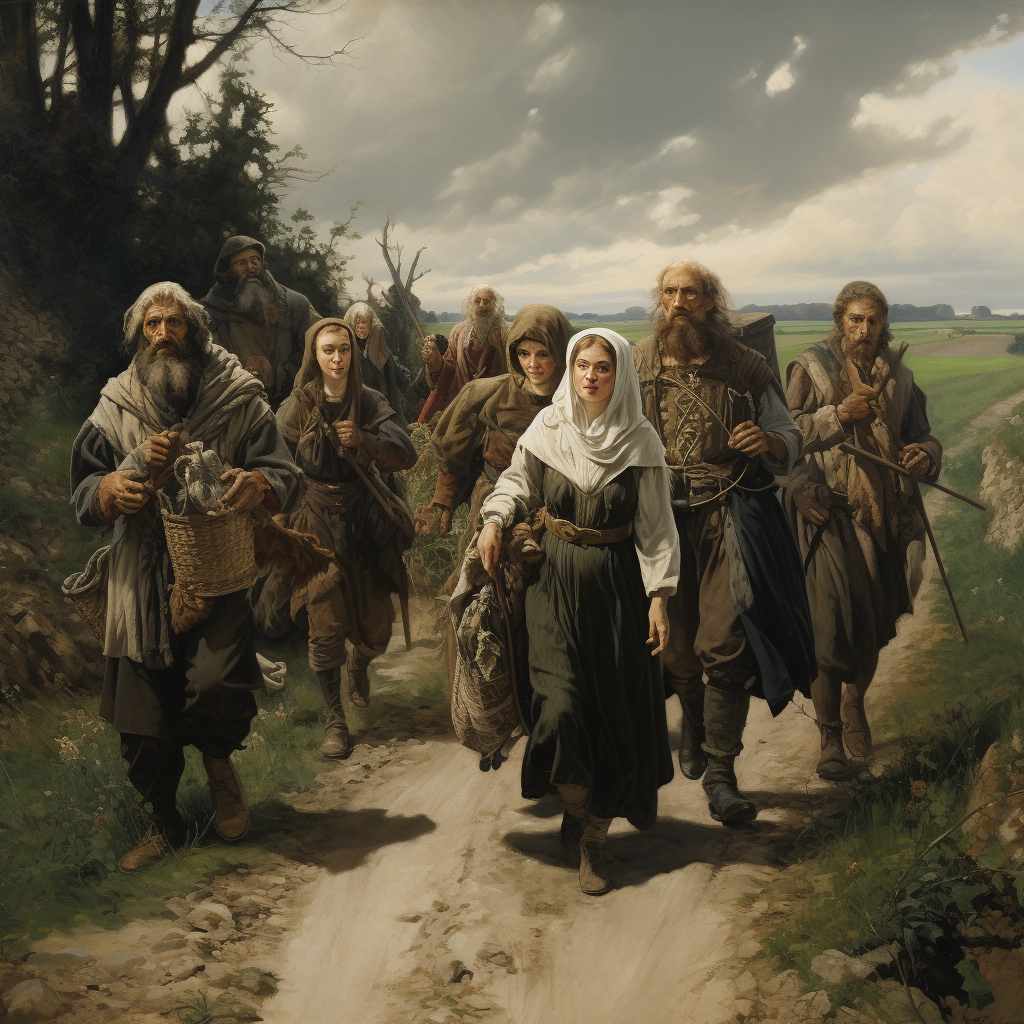 Group of medieval travelers on a country road