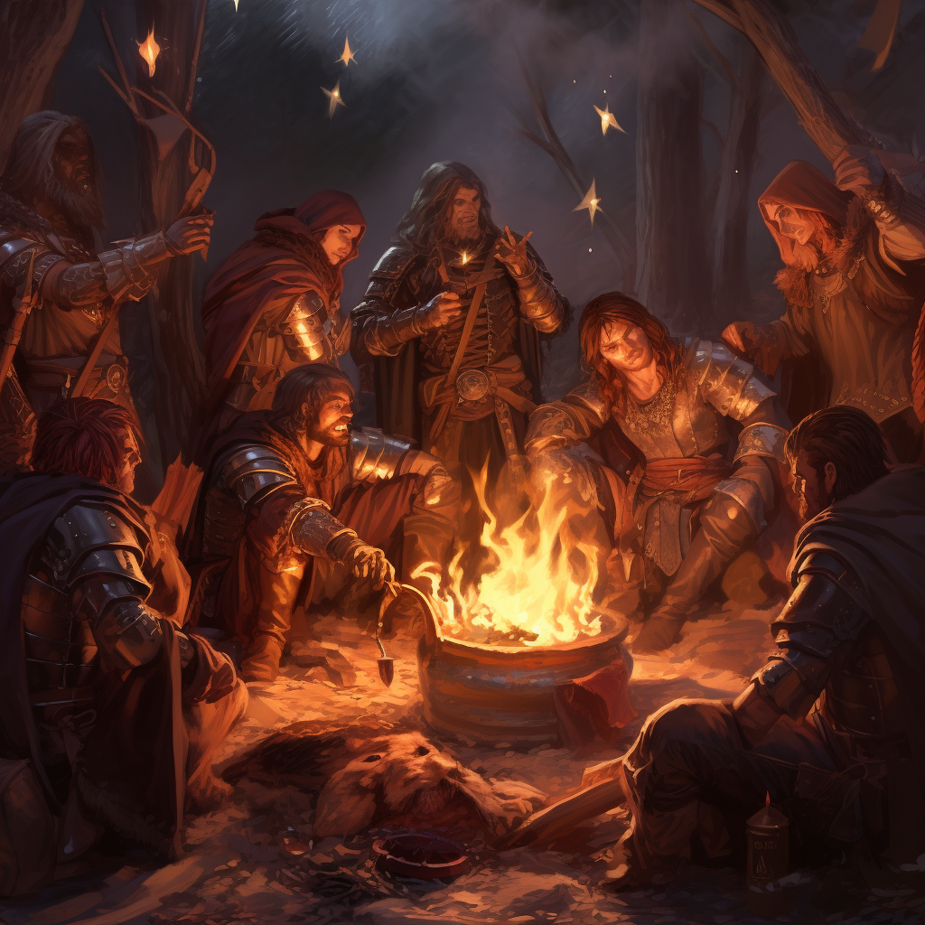 Medieval warriors enjoying around a campfire