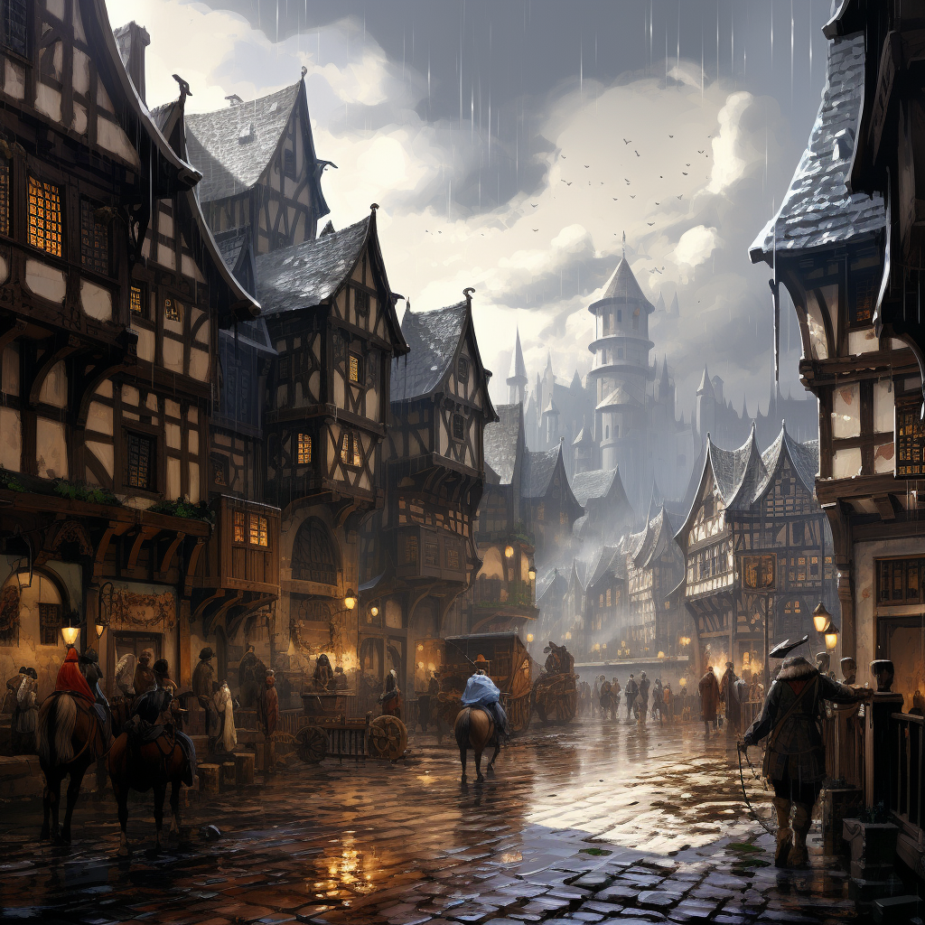 Illustration of a rainy medieval city