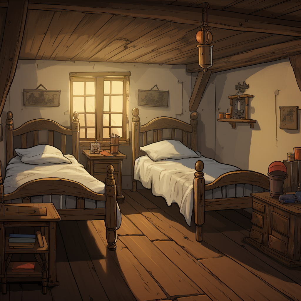 Cartoonish medieval Western inn bedroom