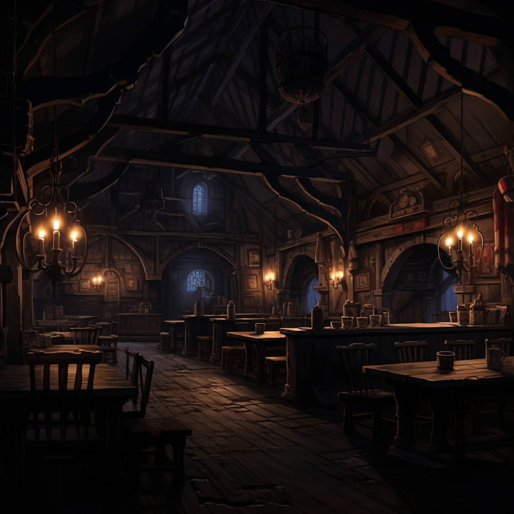 Cartoonish medieval Western inn at night