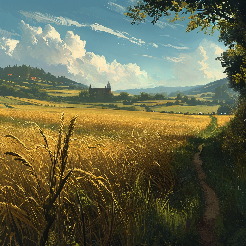 Golden wheat fields in medieval setting