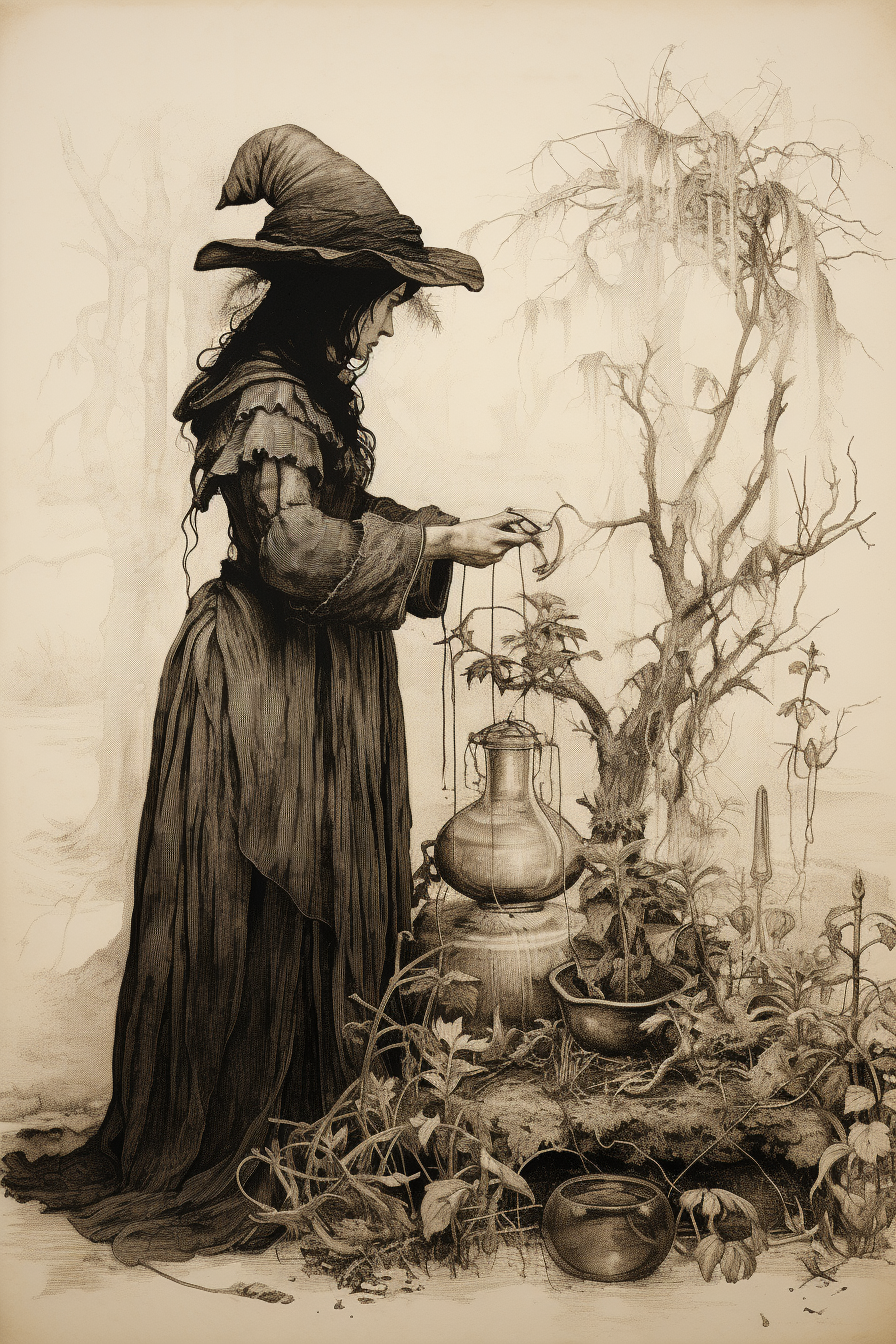 Medieval witch in garden - enchanting sketch