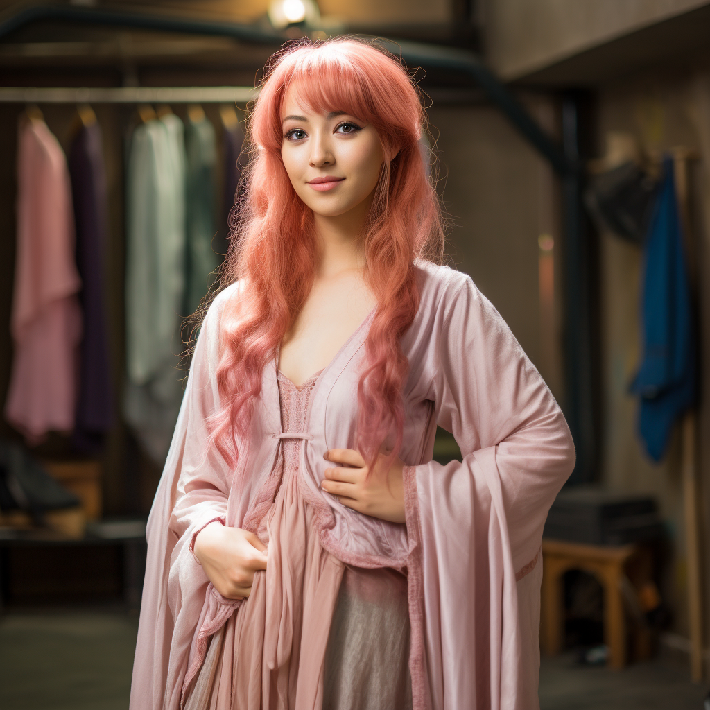 Asian woman in medieval peasant dress in dressing room