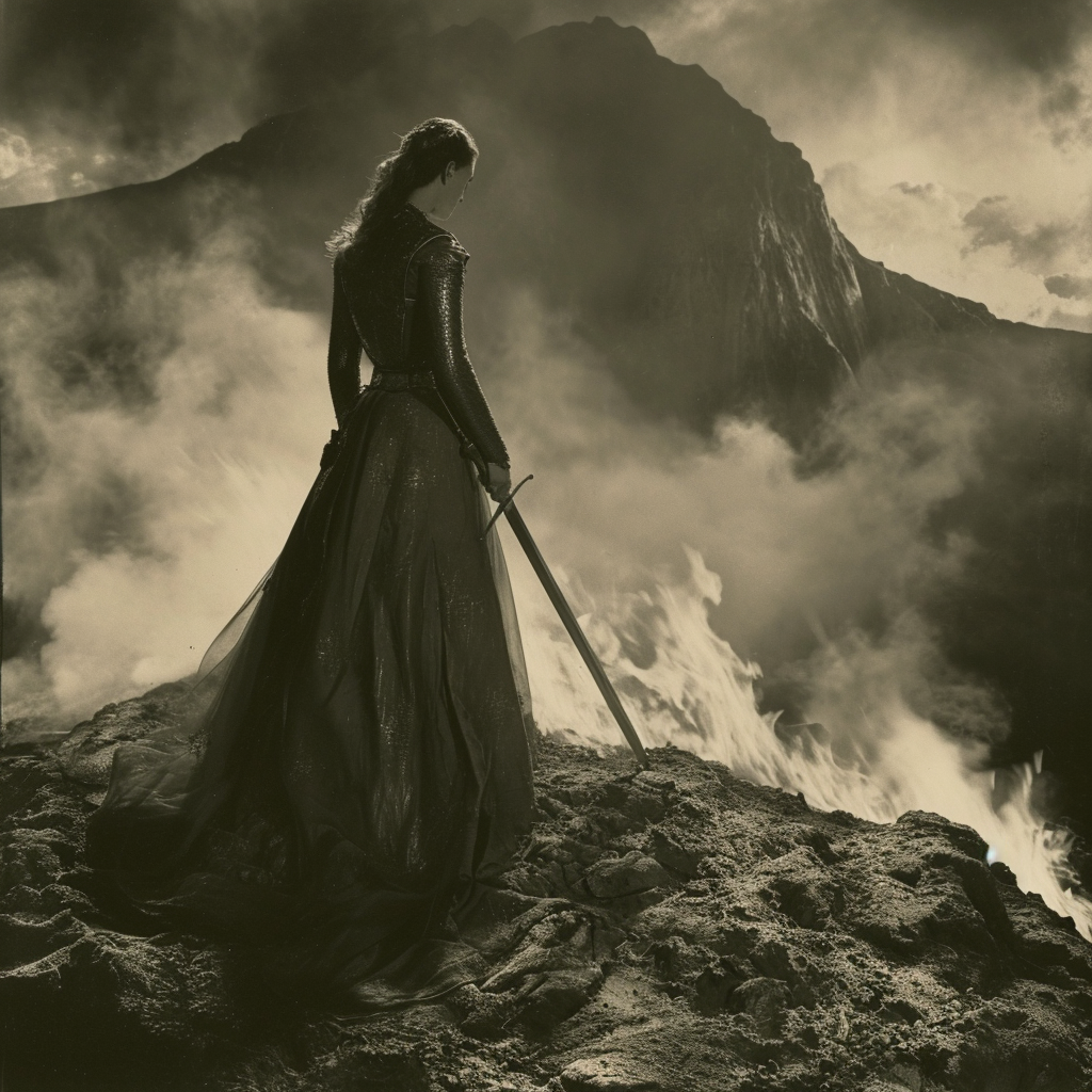 Medieval woman on volcano movie scene