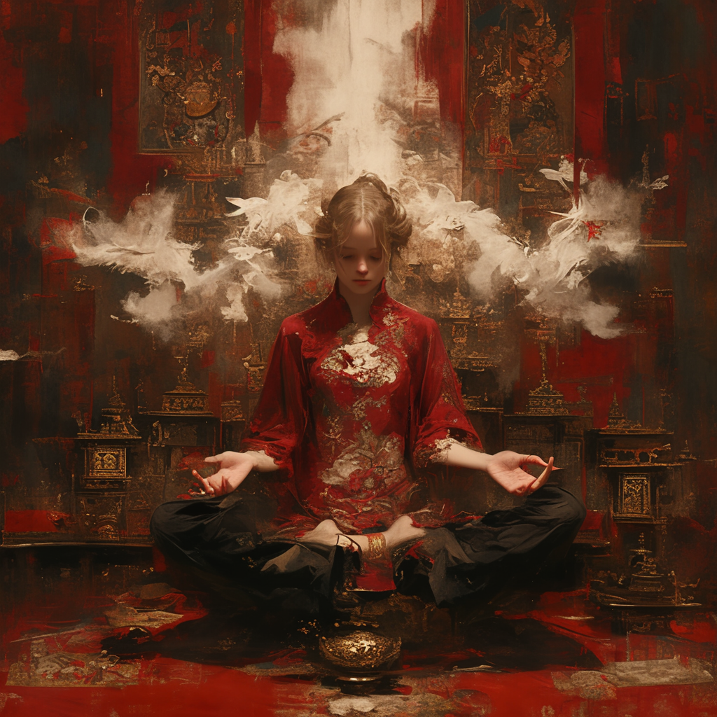 Beautiful Chinese woman meditating in red outfit