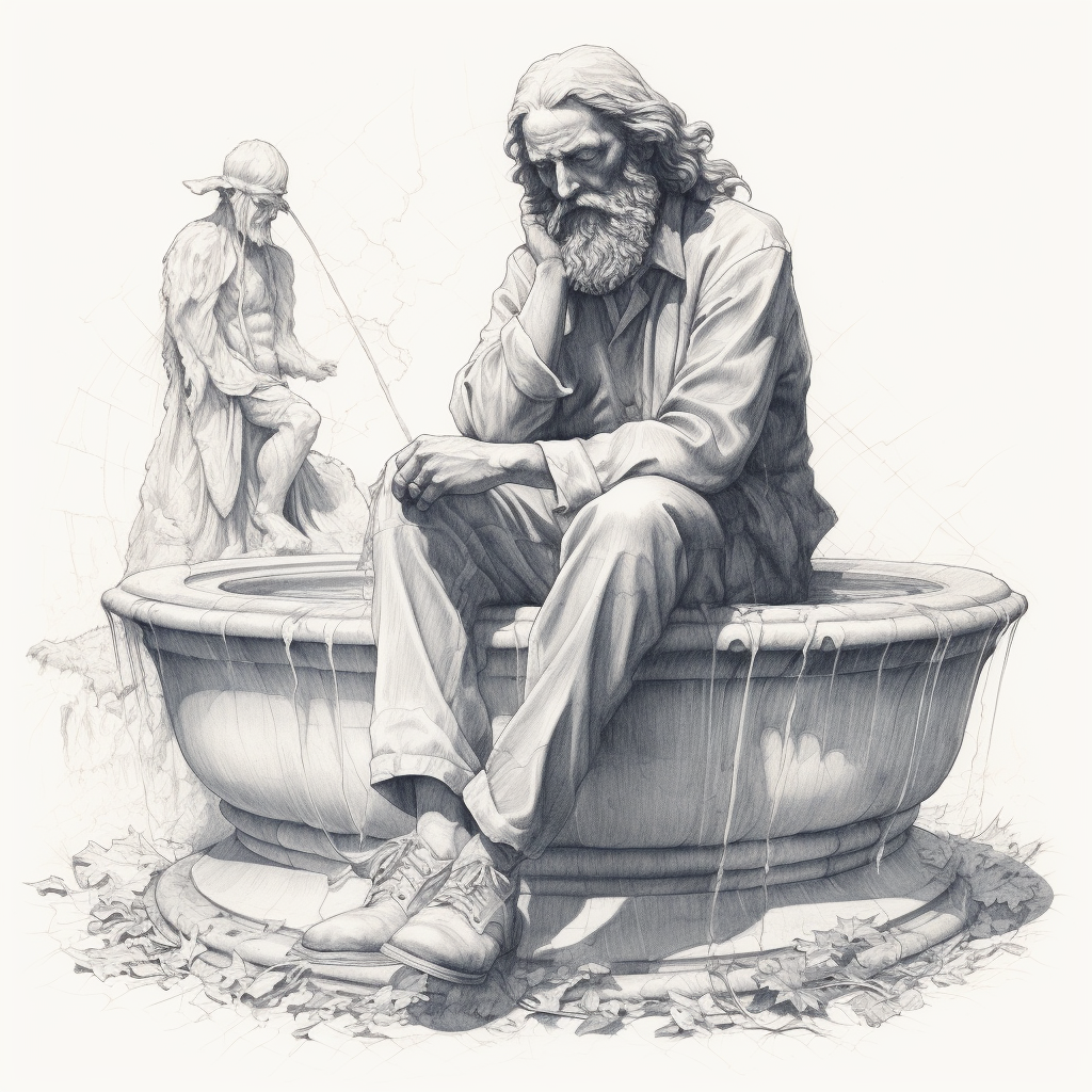 Meditating man in pencil-drawn fountain