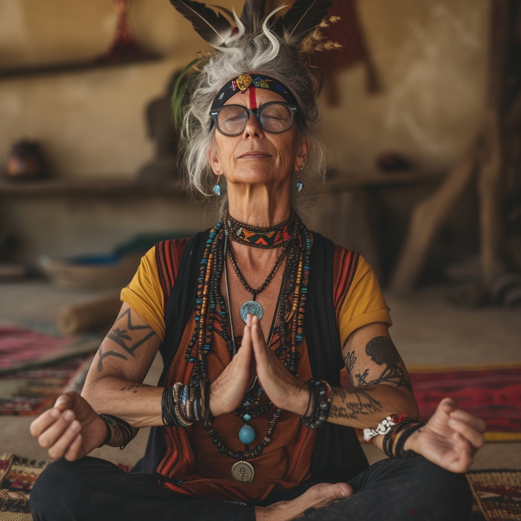 Meditating woman with bracelets and symbols