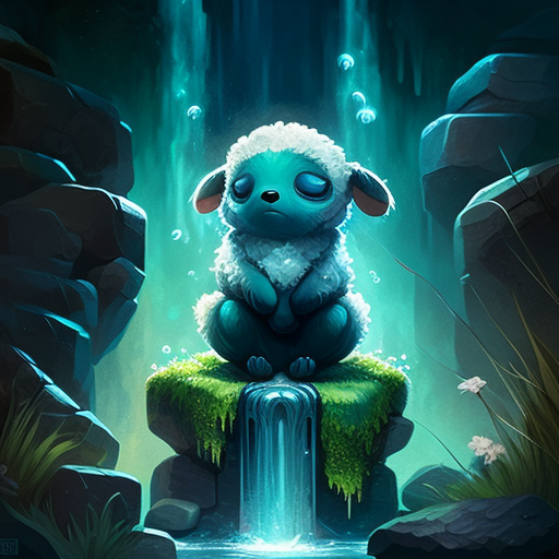 Cute meditating sheep in teal on waterfall