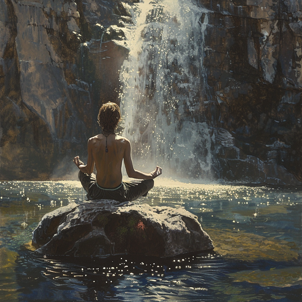 Person meditating in sunny waterfall