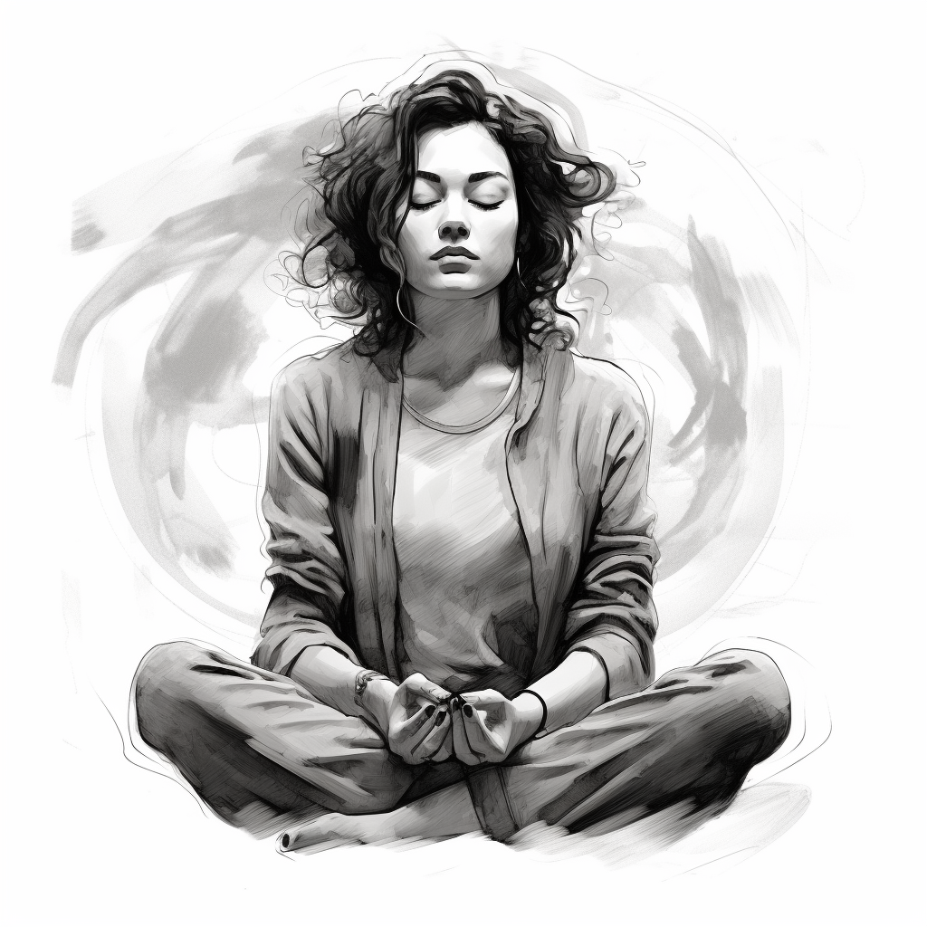 Meditating woman in black and white sketch