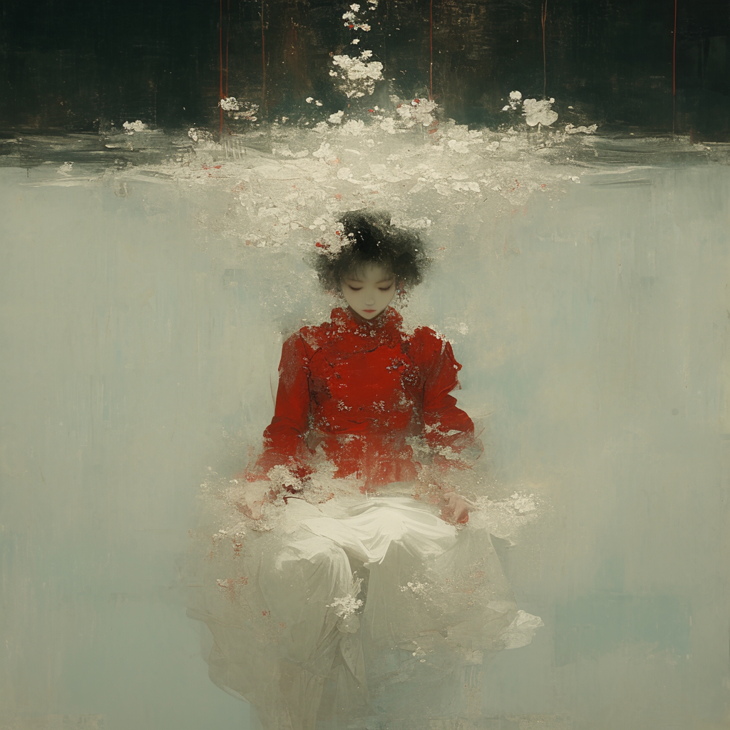 Meditating Chinese Woman in Red Outfit Underwater