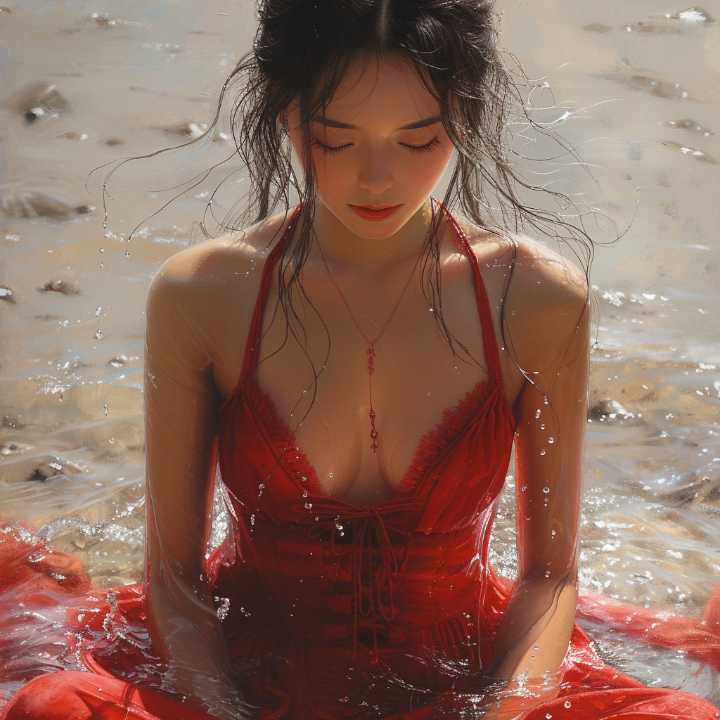 Meditating Chinese Woman in Red Outfit