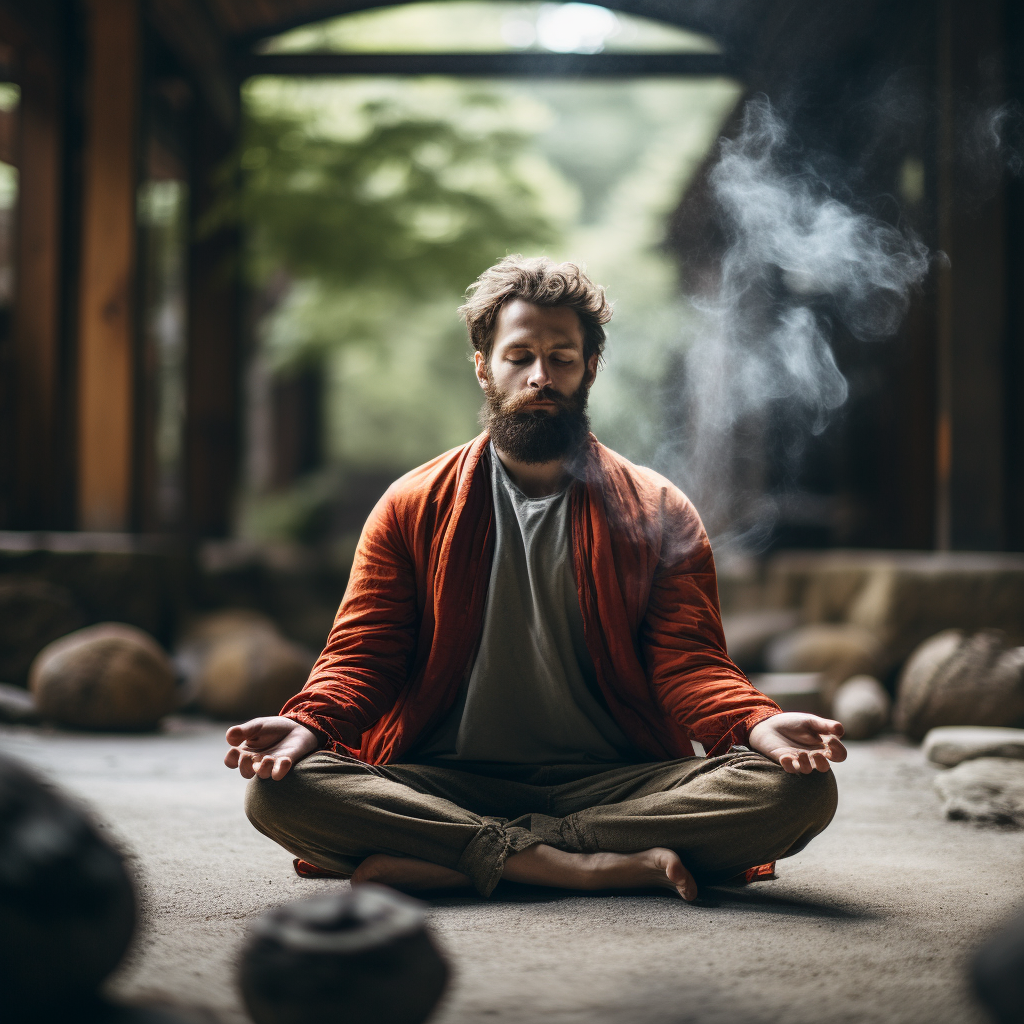 Man meditating, stressed out, annoyed