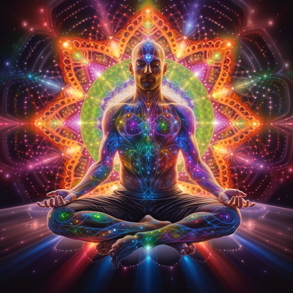 Meditating man with vibrant chakras