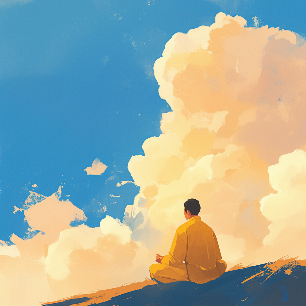 man meditating on clouds painting