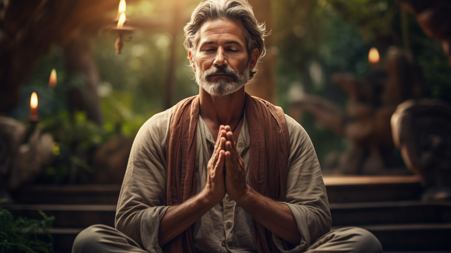 Man meditating outdoors in a serene setting