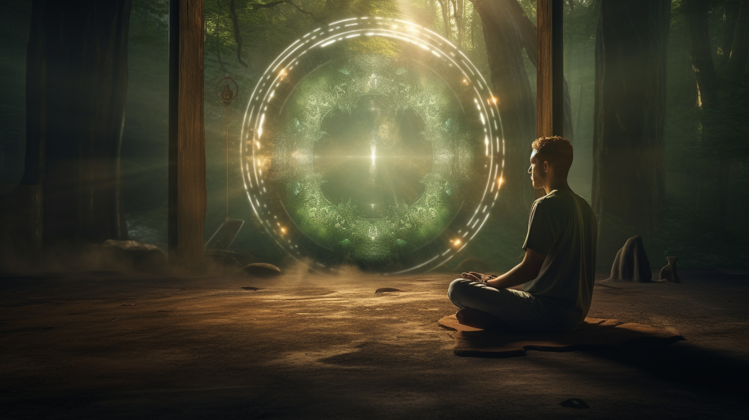 Meditator gazing into mirror with mystical light