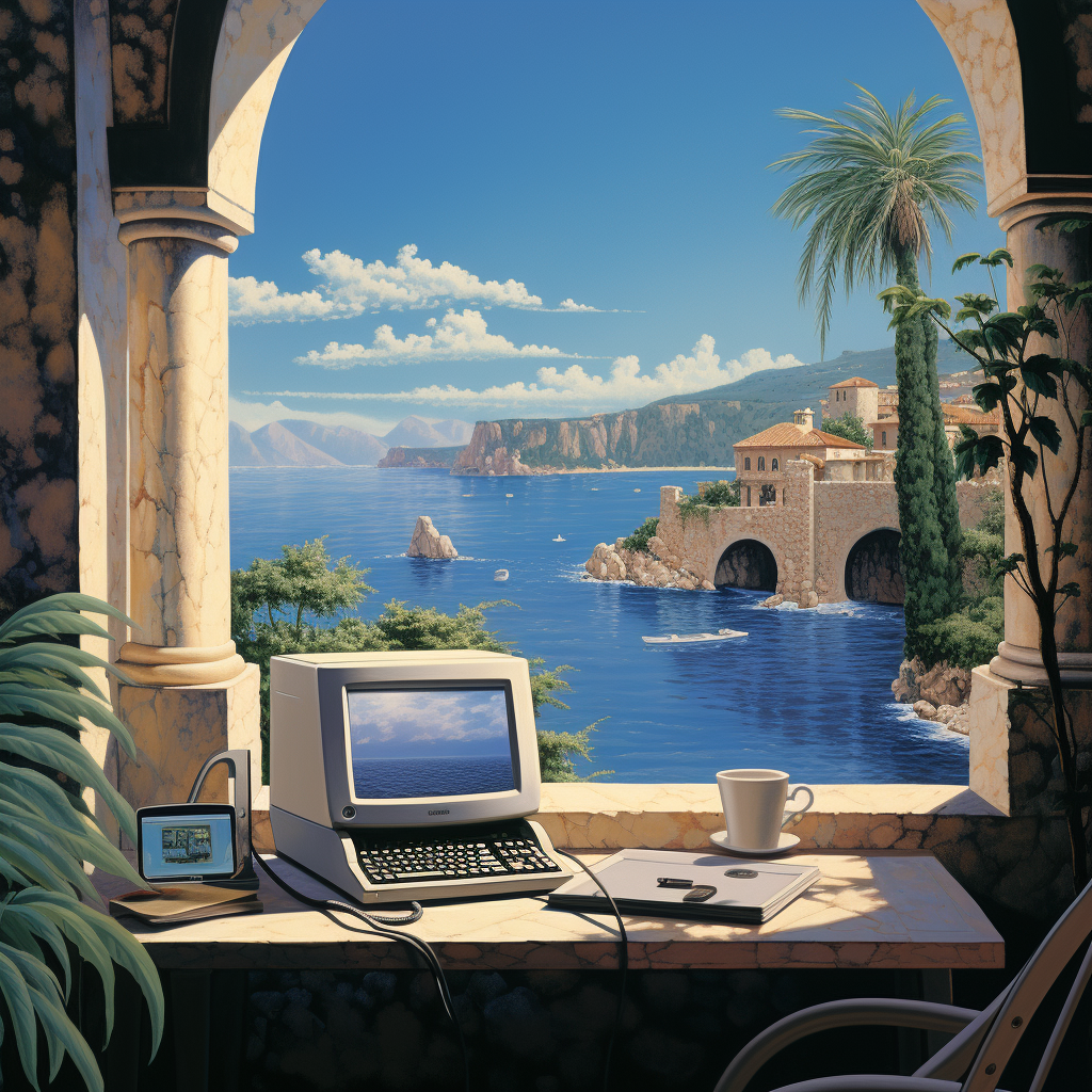 Computer overlooking Mediterranean architecture