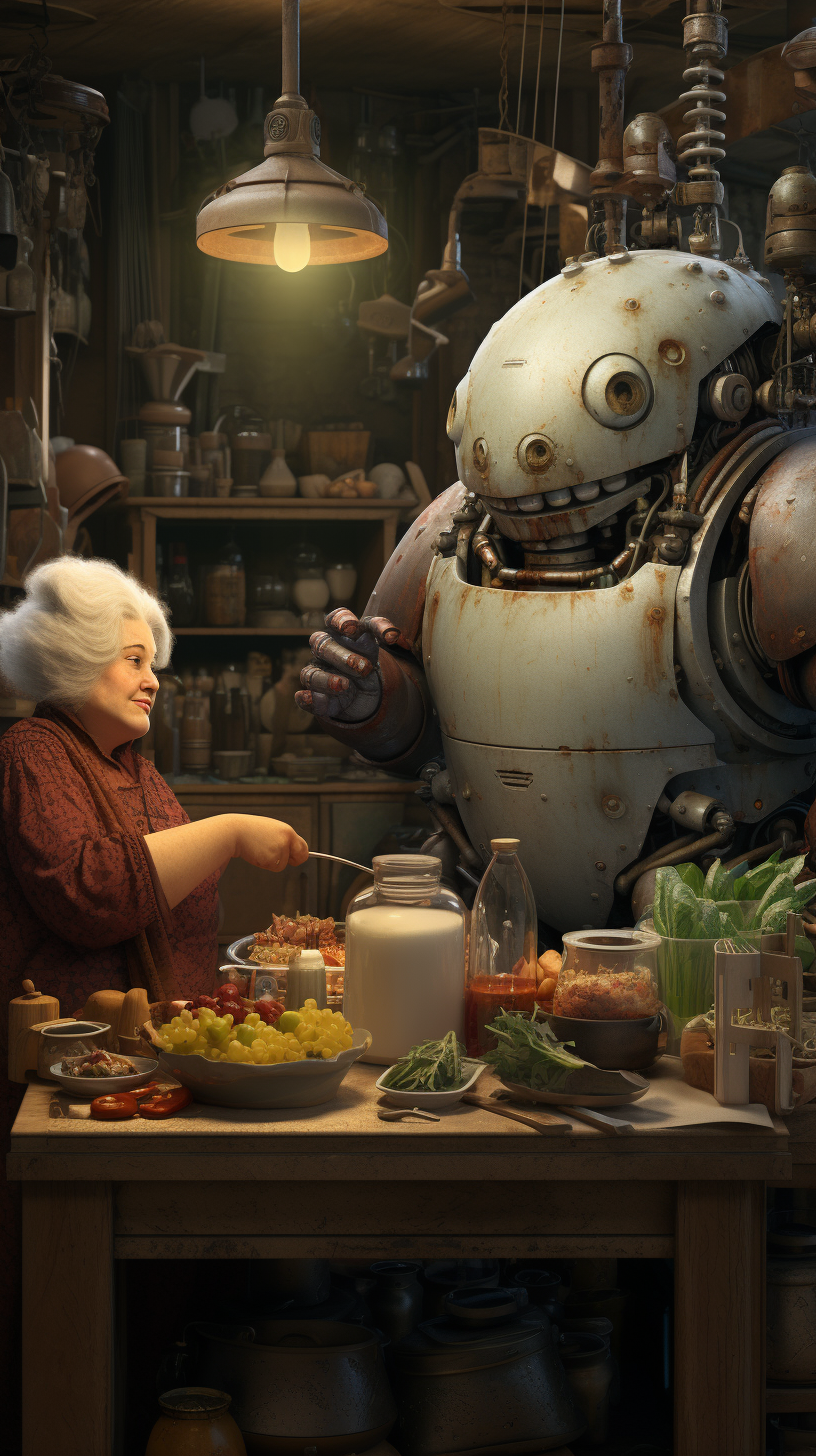 Fat lady and robot preparing Mediterranean cuisine