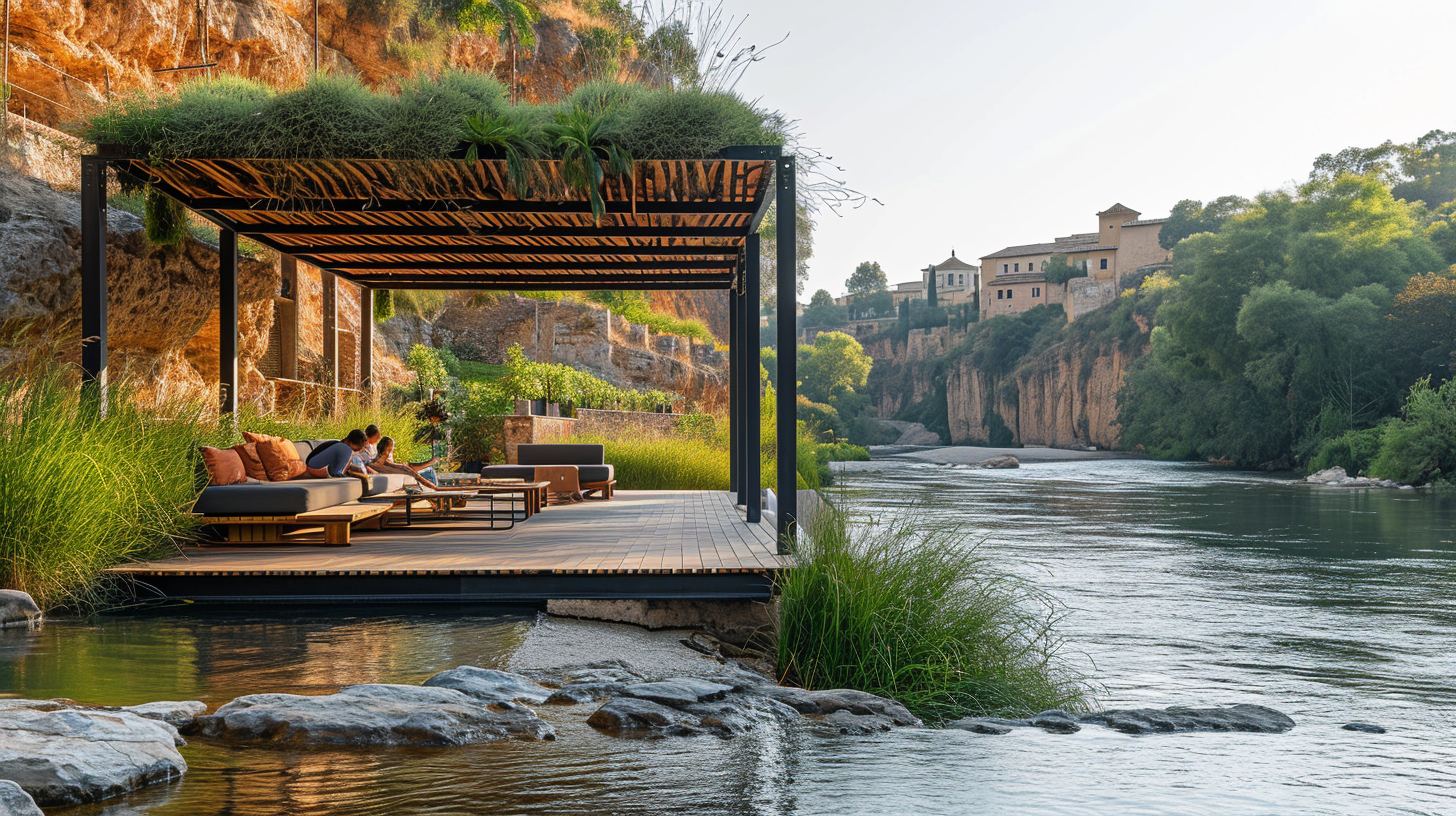 Minimalist pergola with people resting near river in Toledo