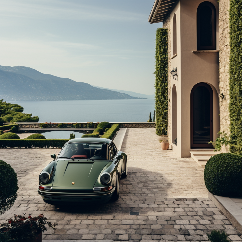 Beautiful Mediterranean architecture with olive green Porche