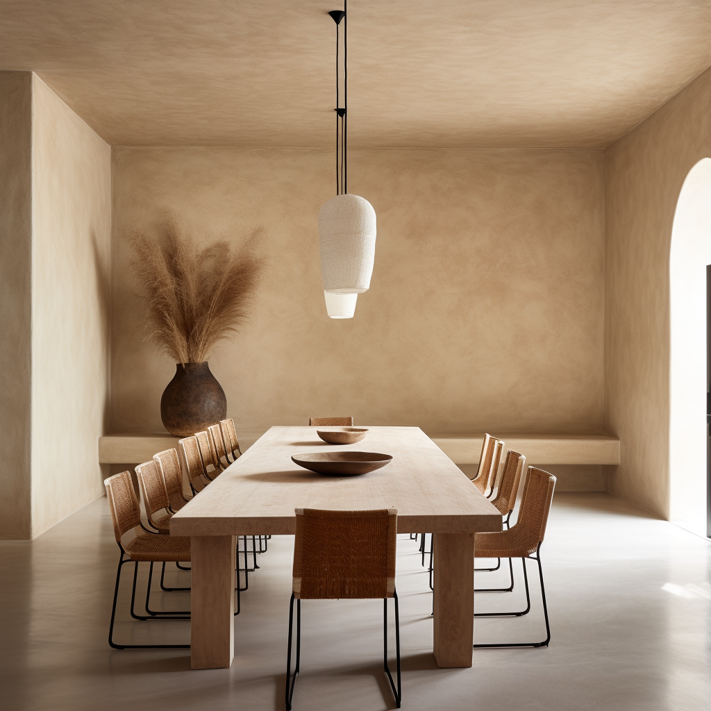 Modern Mediterranean Minimalist Dining Room with Long Table