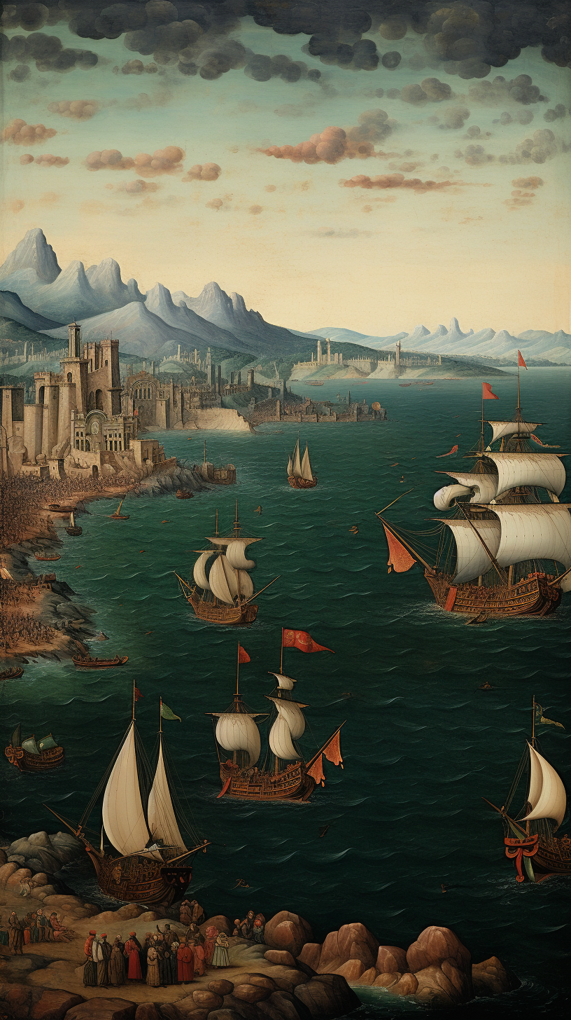 Ottoman naval fleet gathering at Mediterranean sea