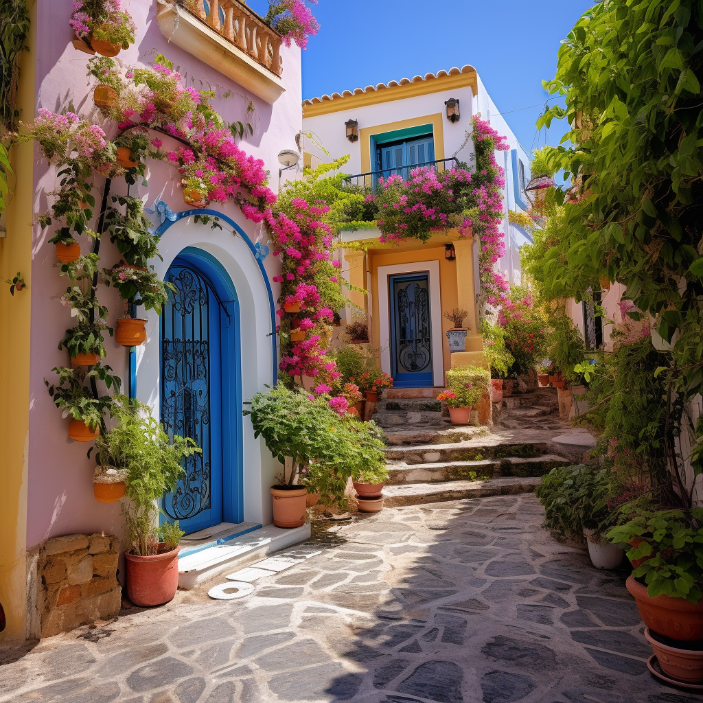 Colorful Mediterranean Home with Flowers and Plants