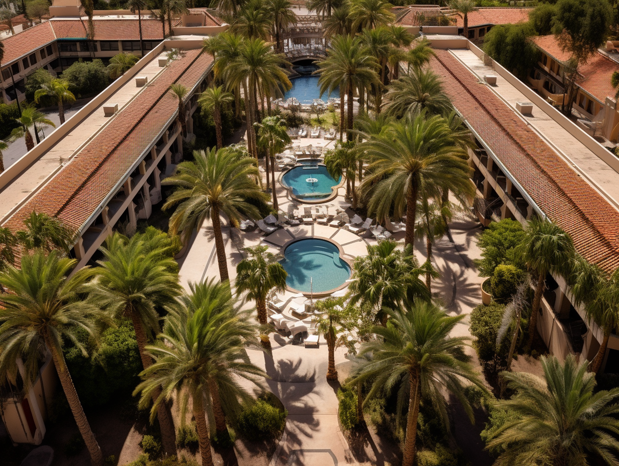 Aerial view of Mediterranean style resort hotel