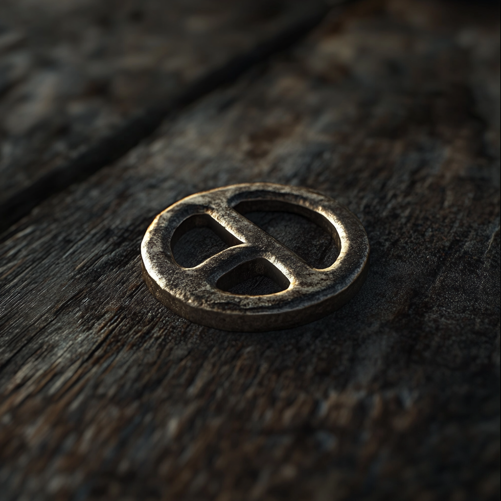 metal infinity symbol token on wooden floor close up